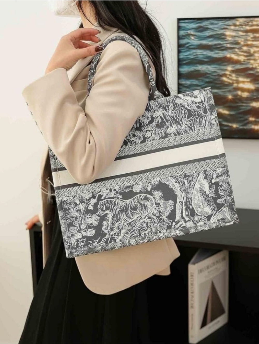 Tote Bag Cotton Linen Handbag Large Capacity Jacquard Retro Exquisite